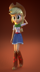 Size: 1080x1920 | Tagged: safe, artist:creatorofpony, artist:rjrgmc28, imported from derpibooru, applejack, equestria girls, 3d, 3d model, blender, boots, clothes, cowboy boots, cowboy hat, denim skirt, female, hat, raised leg, shoes, skirt, solo, stetson