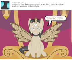 Size: 540x450 | Tagged: safe, artist:aha-mccoy, imported from derpibooru, oc, oc only, oc:ross mclovin, alicorn, pony, nopony-ask-mclovin, animated, ask, cardboard wings, fake horn, fake wings, solo, speech bubble, tumblr