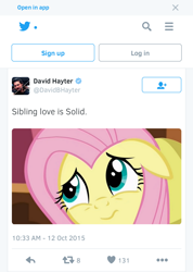 Size: 774x1087 | Tagged: safe, imported from derpibooru, fluttershy, zephyr breeze, spoiler:s06, david hayter, fake, implied incest, meta, sibling, text, twitter