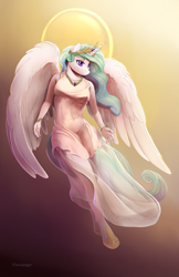 Size: 2000x3091 | Tagged: safe, artist:viwrastupr, imported from derpibooru, princess celestia, alicorn, anthro, unguligrade anthro, bracelet, clothes, crown, dress, female, jewelry, necklace, regalia, solo