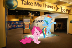 Size: 670x445 | Tagged: artist needed, safe, imported from derpibooru, pinkie pie, rainbow dash, egypt, exhibit, facehoof, flipped script, indiana, indianapolis, irl, photo, plane, ponies in real life, role reversal, vector