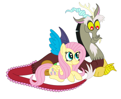 Size: 2592x2136 | Tagged: safe, artist:squipycheetah, imported from derpibooru, discord, fluttershy, pegasus, pony, crossed arms, cute, discoshy, discute, eyebrows, female, folded wings, happy, looking down, looking up, male, protecting, shipping, shyabetes, simple background, sitting, smiling, spread wings, straight, transparent background, vector