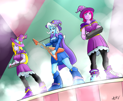 Size: 4000x3285 | Tagged: safe, artist:mutanobr, imported from derpibooru, fuchsia blush, lavender lace, trixie, equestria girls, rainbow rocks, absurd resolution, band, cape, clothes, female, group, hat, musical instrument, open mouth, performing, playing, scene interpretation, singing, stage, synthesizer, tricks up my sleeve, trio, trixie and the illusions, wizard hat