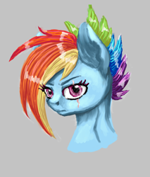 Size: 1024x1202 | Tagged: safe, artist:britneyoctave, imported from derpibooru, rainbow dash, the cutie re-mark, alternate timeline, apocalypse dash, bust, crystal war timeline, female, portrait, scar, simple background, solo, torn ear