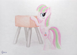 Size: 2829x2000 | Tagged: safe, artist:galekz, imported from derpibooru, blossomforth, pegasus, pony, female, looking at you, pommel horse, solo, standing, traditional art