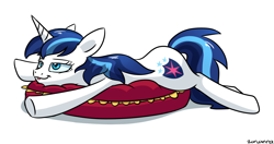 Size: 1900x1000 | Tagged: safe, artist:zoruanna, imported from derpibooru, shining armor, gleaming shield, pillow, rule 63, sleepy, solo, tired