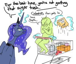 Size: 1366x1163 | Tagged: safe, artist:nobody, imported from derpibooru, princess luna, oc, oc:anon, human, dialogue, magic, maternaluna, shopping, shopping cart, telekinesis