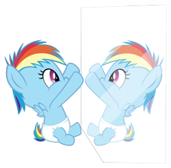 Size: 3048x3000 | Tagged: safe, artist:sollace, imported from derpibooru, rainbow dash, pony, baby, baby dash, baby pony, cute, diaper, female, filly, filly rainbow dash, foal, mirror, show accurate, simple background, sitting, solo, transparent background, vector, younger