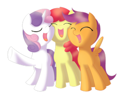 Size: 1024x795 | Tagged: safe, artist:dusthiel, imported from derpibooru, apple bloom, scootaloo, sweetie belle, earth pony, pegasus, pony, unicorn, blank flank, cute, cutie mark crusaders, eyes closed, female, filly, foal, open mouth, raised hoof, simple background, singing, spread wings, squishy cheeks, transparent background, wings