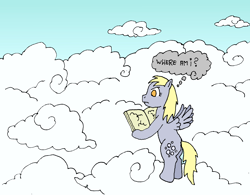 Size: 1676x1304 | Tagged: safe, artist:merkleythedrunken, imported from derpibooru, derpy hooves, pony, atlas, bipedal, cloud, female, map, sky, solo, standing, thought bubble