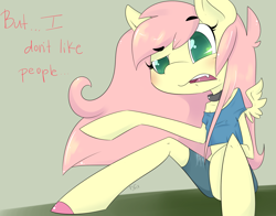 Size: 1400x1100 | Tagged: safe, artist:kittentoots, imported from derpibooru, fluttershy, anthro, unguligrade anthro, arm hooves, awkward, clothes, colored pupils, cute, cute little fangs, fangs, female, midriff, off shoulder, short shirt, shorts, shy, solo