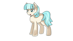 Size: 1280x720 | Tagged: safe, artist:jbond, imported from derpibooru, coco pommel, earth pony, pony, female, mare, missing accessory, open mouth, parody, simple background, solo, style emulation, white background