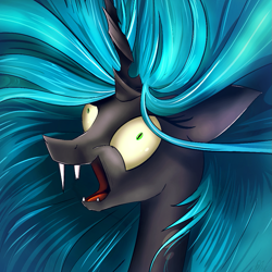 Size: 945x945 | Tagged: safe, artist:flamevulture17, imported from derpibooru, queen chrysalis, changeling, changeling queen, broken tooth, crazy face, derp, faic, female, i didn't listen, laughing, meme, shrunken pupils, solo