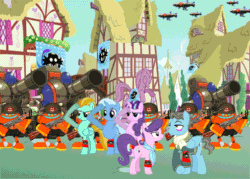 Size: 504x360 | Tagged: safe, artist:trungtranhaitrung, imported from derpibooru, lightning dust, starlight glimmer, suri polomare, trixie, wind rider, pony, unicorn, ak-74, banner, blushing, crossover, doctor eggman, egg pawn, eggman empire of equestria, female, gif, kirov airship, mare, non-animated gif, ponyville, red dawn, salute, sonic the hedgehog (series), tank (vehicle), wristband