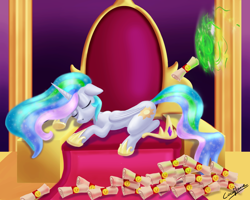 Size: 5000x4000 | Tagged: safe, artist:coco-flame, imported from derpibooru, princess celestia, absurd resolution, female, green fire, lazy, portal, prone, scroll, sleeping, solo, throne