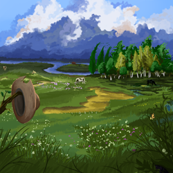 Size: 1024x1024 | Tagged: safe, artist:ba2sairus, imported from derpibooru, cow, applejack's hat, hat, meadow, no pony, river, scenery, stream