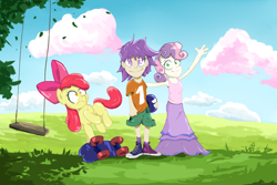 Size: 1024x683 | Tagged: safe, artist:ba2sairus, imported from derpibooru, apple bloom, scootaloo, sweetie belle, human, pony, clothes, converse, cutie mark crusaders, helmet, humanized, long skirt, looking at you, midriff, scooter, shirt, shocked, shoes, skirt, sneakers, swing, t-shirt, tanktop, waving, wavy mouth, wide eyes