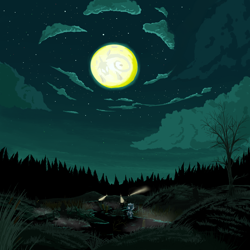 Size: 1024x1024 | Tagged: safe, artist:ba2sairus, imported from derpibooru, screw loose, female, flashlight (object), forest, glowing eyes, hallucination, monster, moon, night, running, scenery, solo focus, water