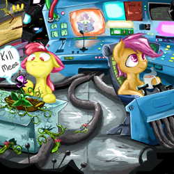 Size: 1024x1024 | Tagged: safe, artist:ba2sairus, imported from derpibooru, apple bloom, scootaloo, sweetie belle, book, chair, chocolate, cutie mark crusaders, drama seedling, floppy ears, food, kill me, monitor, mug, plant, spaceship