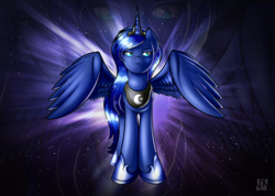 Size: 1024x731 | Tagged: safe, artist:ikuvaito, imported from derpibooru, princess luna, female, looking at you, solo, spread wings, stars