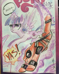 Size: 500x625 | Tagged: safe, artist:sararichard, imported from derpibooru, twilight sparkle, alicorn, pony, comic cover, deadpool, female, flying, glowing horn, magic, mare, ponified, telekinesis, traditional art, twilight sparkle (alicorn)