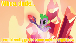 Size: 720x405 | Tagged: safe, imported from derpibooru, screencap, spike, gauntlet of fire, bloodstone scepter, bloodstoned spike, chips, dragon lord spike, food, image macro, male, meme, munchies, nachos, solo, yellow text