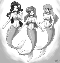 Size: 1500x1575 | Tagged: safe, artist:johnjoseco, imported from derpibooru, rarity, human, mermaid, ariel, belly button, big breasts, breasts, busty rarity, cleavage, crossover, disney, female, grayscale, humanized, jewelry, long hair, mermarity, midriff, misty, misty (pokémon), monochrome, pokémon, seashell, the little mermaid