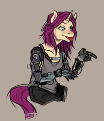 Size: 860x1004 | Tagged: safe, artist:lya, imported from derpibooru, oc, oc only, oc:senki, anthro, unicorn, amputee, augmentation, bionic arm, female, kezsüel, mare, post-apocalyptic, prosthetic limb, solo, tongue out