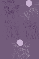 Size: 1400x2100 | Tagged: safe, artist:goat train, imported from derpibooru, oc, oc only, oc:moonbeams, oc:spring tide, bat pony, pony, comic, growth, macro, monochrome, moon, night, size difference