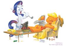 Size: 2001x1261 | Tagged: safe, artist:andypriceart, idw, imported from derpibooru, applejack, rarity, earth pony, pony, unicorn, apple, art is magic, chair, chips, coffee, duo, duster, female, food, mare, messy, sandwich, tea, the odd couple