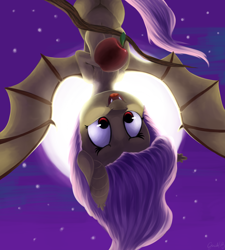 Size: 2702x3000 | Tagged: safe, artist:gumlball, imported from derpibooru, fluttershy, bat pony, pony, apple, female, flutterbat, food, moon, solo, that pony sure does love apples, upside down