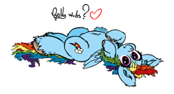 Size: 1100x600 | Tagged: safe, artist:yooyfull, imported from derpibooru, rainbow dash, behaving like a dog, bellyrubs, female, fluffy, looking at you, on back, solo, unshorn fetlocks, wide eyes