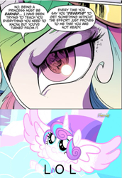 Size: 451x657 | Tagged: safe, idw, imported from derpibooru, princess celestia, princess flurry heart, sunset shimmer, pony, drama, drama bait, op is a duck, op is trying to start shit