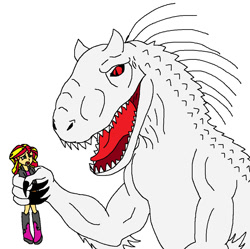 Size: 1088x1083 | Tagged: safe, artist:avispaneitor, imported from derpibooru, sunset shimmer, equestria girls, abuse, food chain, imminent vore, indominus rex, jurassic park, jurassic world, predator, prey, shimmerbuse, this will end in death