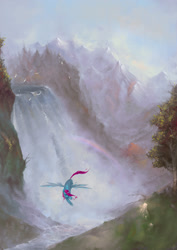 Size: 1241x1754 | Tagged: safe, artist:eosphorite, imported from derpibooru, oc, oc only, bird, pegasus, pony, commission, rainbow, scenery, scenery porn, solo, waterfall
