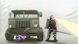 Size: 2870x1614 | Tagged: safe, artist:aaronmk, imported from derpibooru, twilight sparkle, fog, gun, hiding, machine gun, pkm, powered exoskeleton, s.t.a.l.k.e.r., truck, weapon