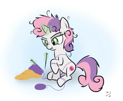 Size: 1100x900 | Tagged: safe, artist:mremerald34, imported from derpibooru, sweetie belle, pony, unicorn, on your marks, cutie mark, dumb fabric, female, knitting, magic, messy mane, solo, the cmc's cutie marks