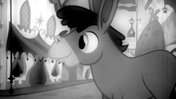 Size: 1280x720 | Tagged: safe, imported from derpibooru, screencap, cranky doodle donkey, donkey, a friend in deed, canterlot, crankybetes, cute, male, monochrome, solo, young, younger