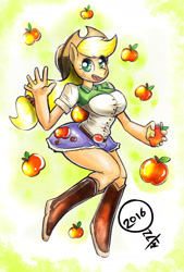 Size: 1280x1888 | Tagged: safe, artist:onat, imported from derpibooru, part of a set, applejack, anthro, plantigrade anthro, equestria girls, apple, big breasts, boots, breasts, busty applejack, clothes, cowboy hat, denim skirt, equestria girls outfit, female, food, hat, mixed media, pinup, shoes, skirt, solo, stetson, traditional art, watercolor painting