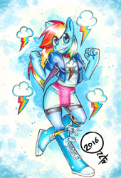 Size: 1280x1885 | Tagged: safe, artist:onat, imported from derpibooru, part of a set, rainbow dash, anthro, plantigrade anthro, equestria girls, boots, clothes, compression shorts, equestria girls outfit, female, mixed media, pinup, shoes, shorts, skirt, socks, solo, traditional art, watercolor painting, wrong eye color