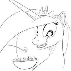 Size: 800x800 | Tagged: safe, artist:cheshiresdesires, imported from derpibooru, princess celestia, eating, female, food, herbivore, magic, monochrome, salad, smiling, solo, telekinesis