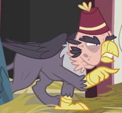 Size: 515x478 | Tagged: safe, imported from derpibooru, screencap, grampa gruff, griffon, the lost treasure of griffonstone, angry, cropped, fez, hat, male, pointing, solo