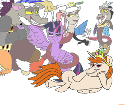 Size: 3096x2616 | Tagged: safe, artist:vanghool, imported from derpibooru, discord, twilight sparkle, oc, alicorn, pony, spoiler:comic, annoyed, crown, element of magic, family reunion, female, mare, twilight sparkle (alicorn)