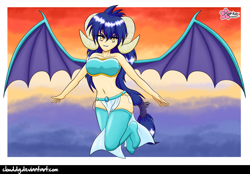 Size: 1290x900 | Tagged: safe, artist:clouddg, imported from derpibooru, princess ember, human, gauntlet of fire, belly button, breasts, busty princess ember, clothes, female, flying, grin, horned humanization, humanized, loincloth, long hair, looking at you, midriff, partial nudity, ponytail, signature, smiling, socks, solo, spread wings, thigh highs, winged humanization