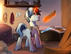 Size: 1700x1300 | Tagged: safe, artist:maccoffee, imported from derpibooru, oc, oc only, pony, unicorn, apron, butt, clothes, commission, crosscut saw, fluffy, magic, male, plank, plot, rear view, saw, shelf, solo, table, unshorn fetlocks, workshop