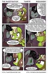 Size: 1280x1978 | Tagged: safe, artist:tan575, artist:wadusher0, imported from derpibooru, oc, oc only, oc:greenvine, oc:moonshroud, pony, unicorn, comic:the investigation, cloak, clothes, comic, dialogue, prison, table