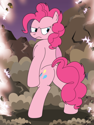 Size: 2331x3108 | Tagged: safe, artist:toxic-mario, imported from derpibooru, pinkie pie, pony, angry, bipedal, butt, dragon ball, dragon ball z, dust cloud, female, looking back, plot, solo