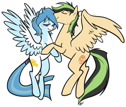 Size: 875x744 | Tagged: safe, artist:egophiliac, imported from derpibooru, oc, oc only, oc:ailan, oc:wish, pegasus, pony, cute, duo, female, male, straight, wishlan