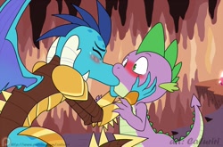 Size: 1280x844 | Tagged: safe, artist:caluriri, edit, imported from derpibooru, princess ember, spike, dragon, gauntlet of fire, 1000 hours in ms paint, blushing, dragon armor, emberspike, eyes closed, female, kiss on the lips, kissing, male, ms paint, shipping, straight