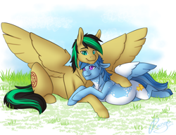 Size: 1800x1391 | Tagged: safe, artist:rozga, imported from derpibooru, oc, oc only, oc:ailan, oc:wish, pegasus, pony, belly, cute, female, male, pregnant, straight, wings, wishlan